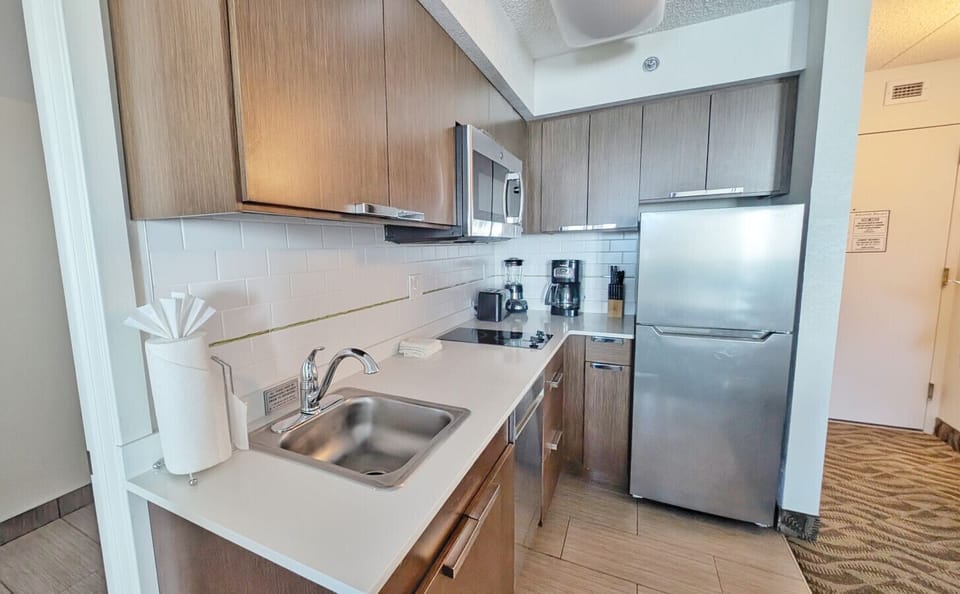 Kitchenette with Fridge, Coffee Maker, Utensils & Paper Towels!