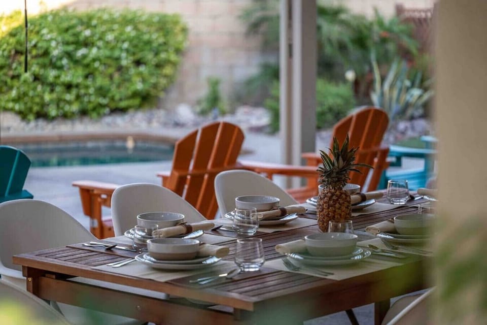 Patio table seats 8 and is expandable to provide even more space.