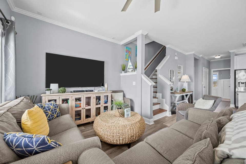 Living room and stairs to bedrooms