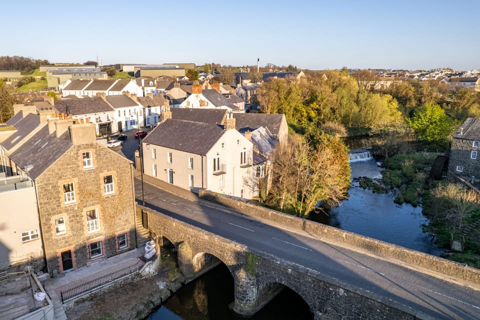 Exterior stone Building  on left