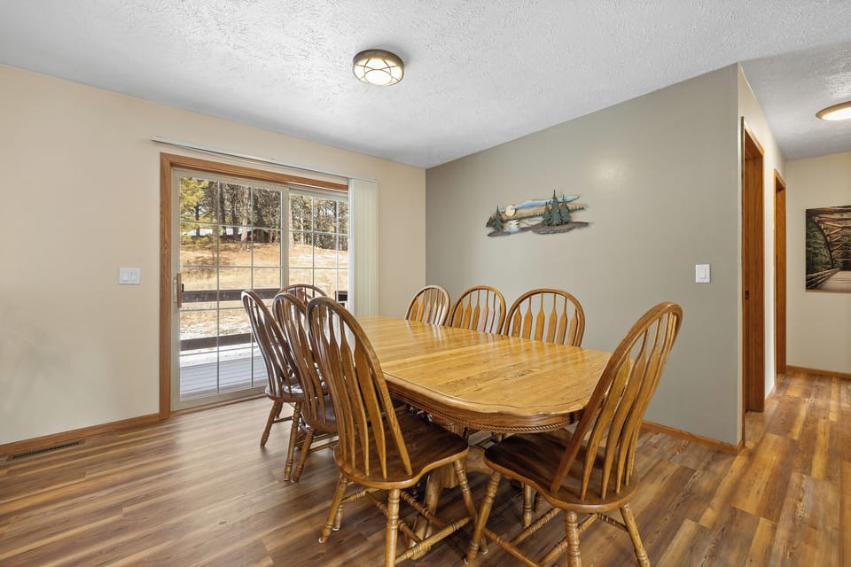 Dining room seating for eight. 