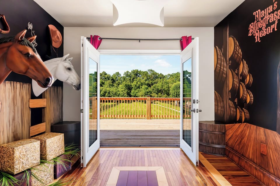 Indoor Area #4: An Instagrammable foyer with true Kentucky charm — the perfect spot where bourbon barrels meet bluegrass views.