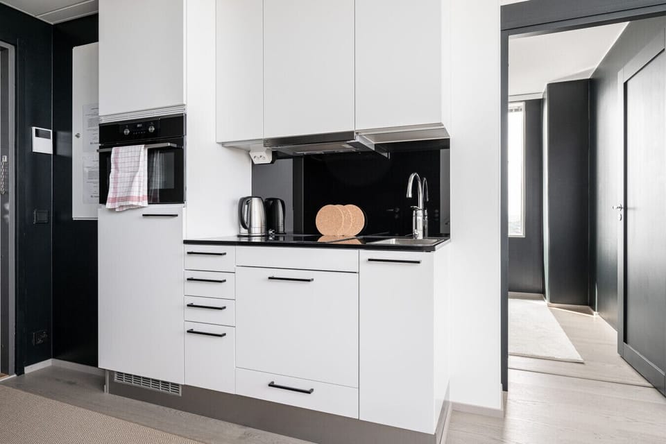 The apartment has a fully equipped kitchen with a dishwasher, oven, microwave, fridge, freezer, etc.
