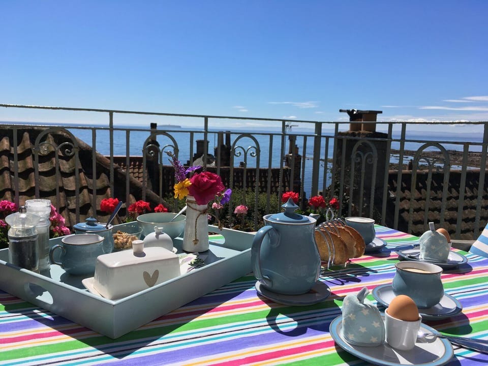 Terrace at bottom of back garden - secluded,  with wide sea views