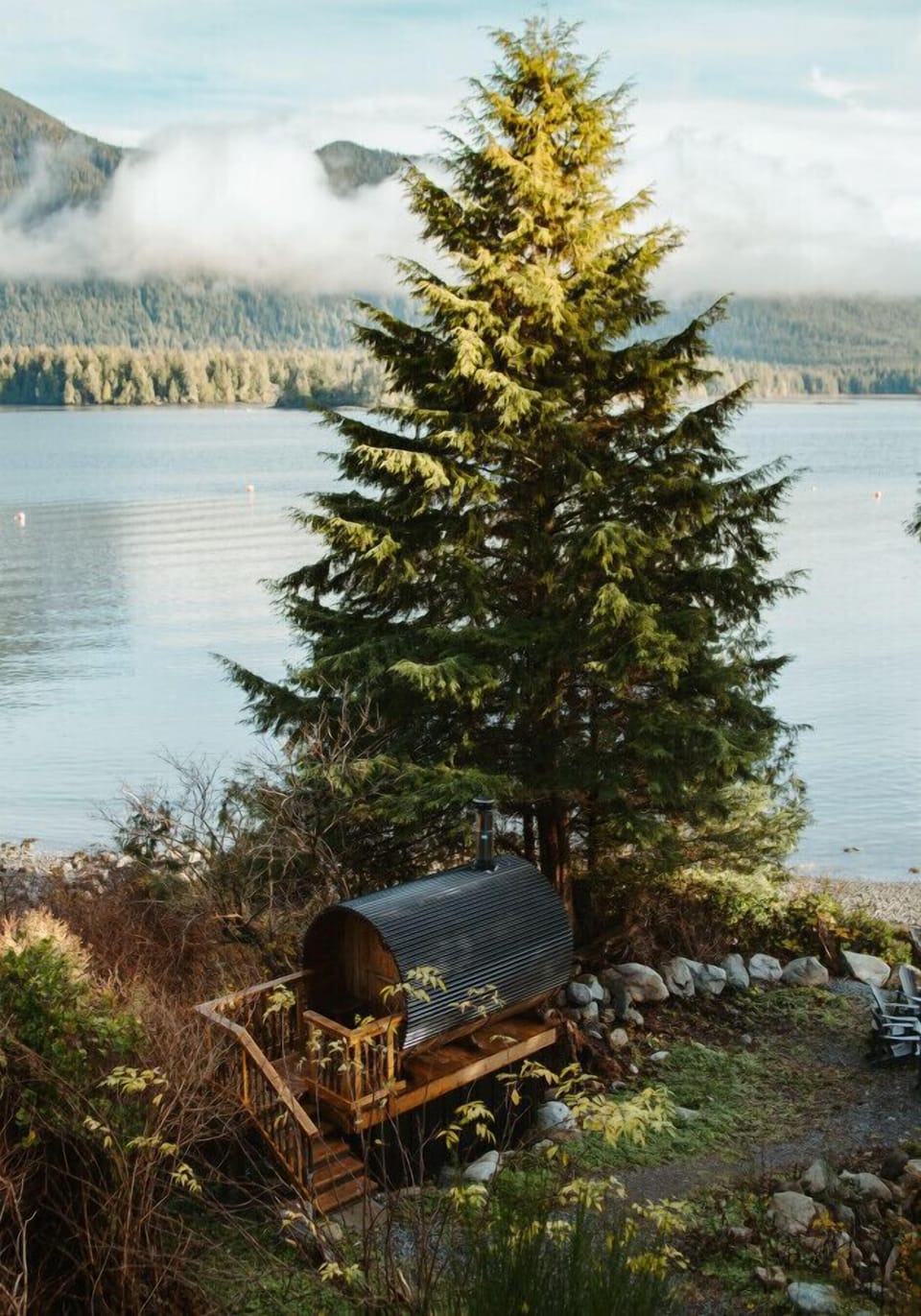 Wood fired cedar barrel sauna made on Vancouver Island with epic view.