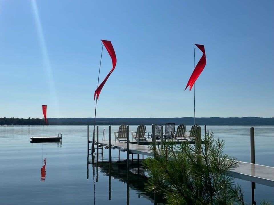 Plenty of seating on the dock and a large swim platform is available
