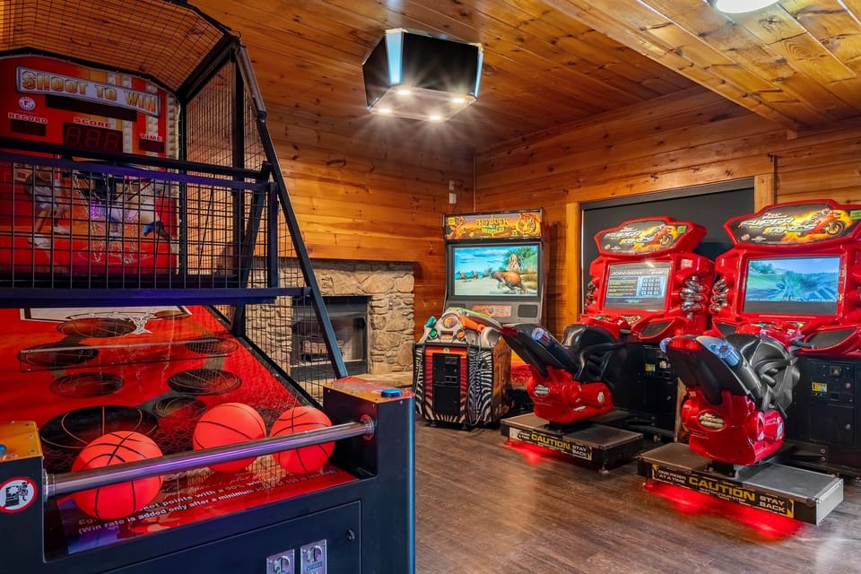 Shoot-to-Win 🏆 Buck Hunt World 🦌 Fast-N-Furious Bike Racing 🏍 Pinball, 55" smart TV make this game room the hang out spot!