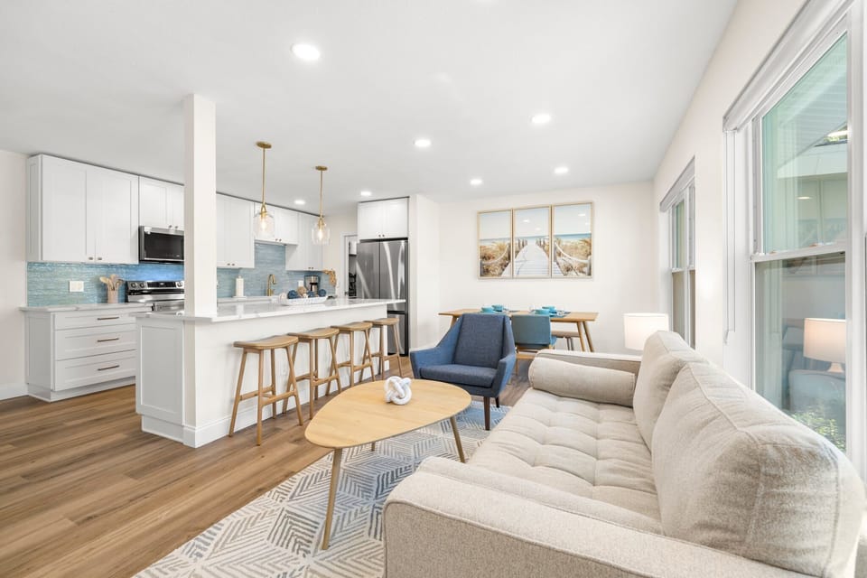 Kitchen, eating and sitting area.