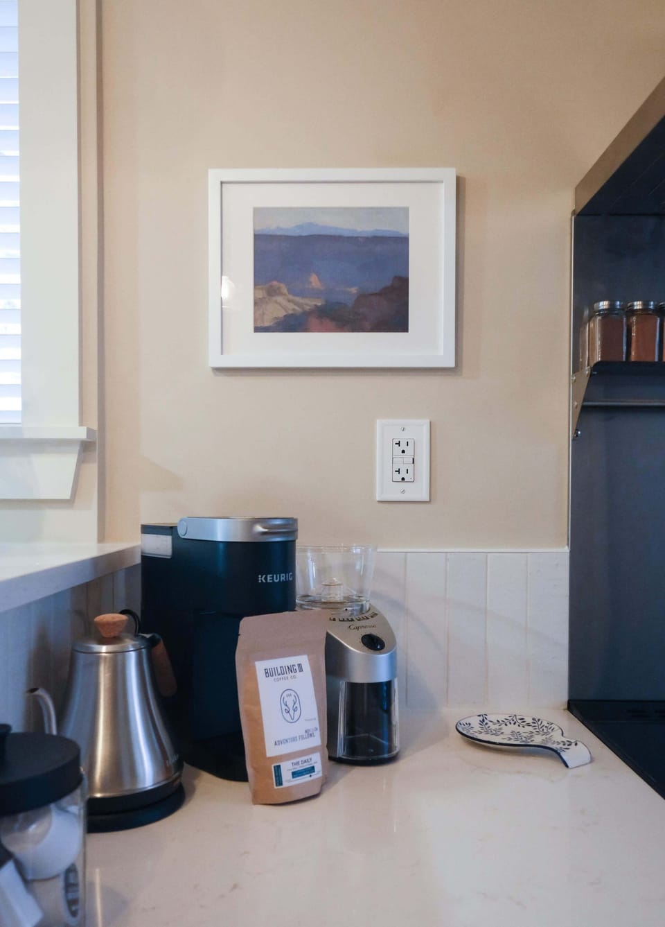 Coffee with keurig and pods, local coffee, pour-over, coffee grinder and kettle.