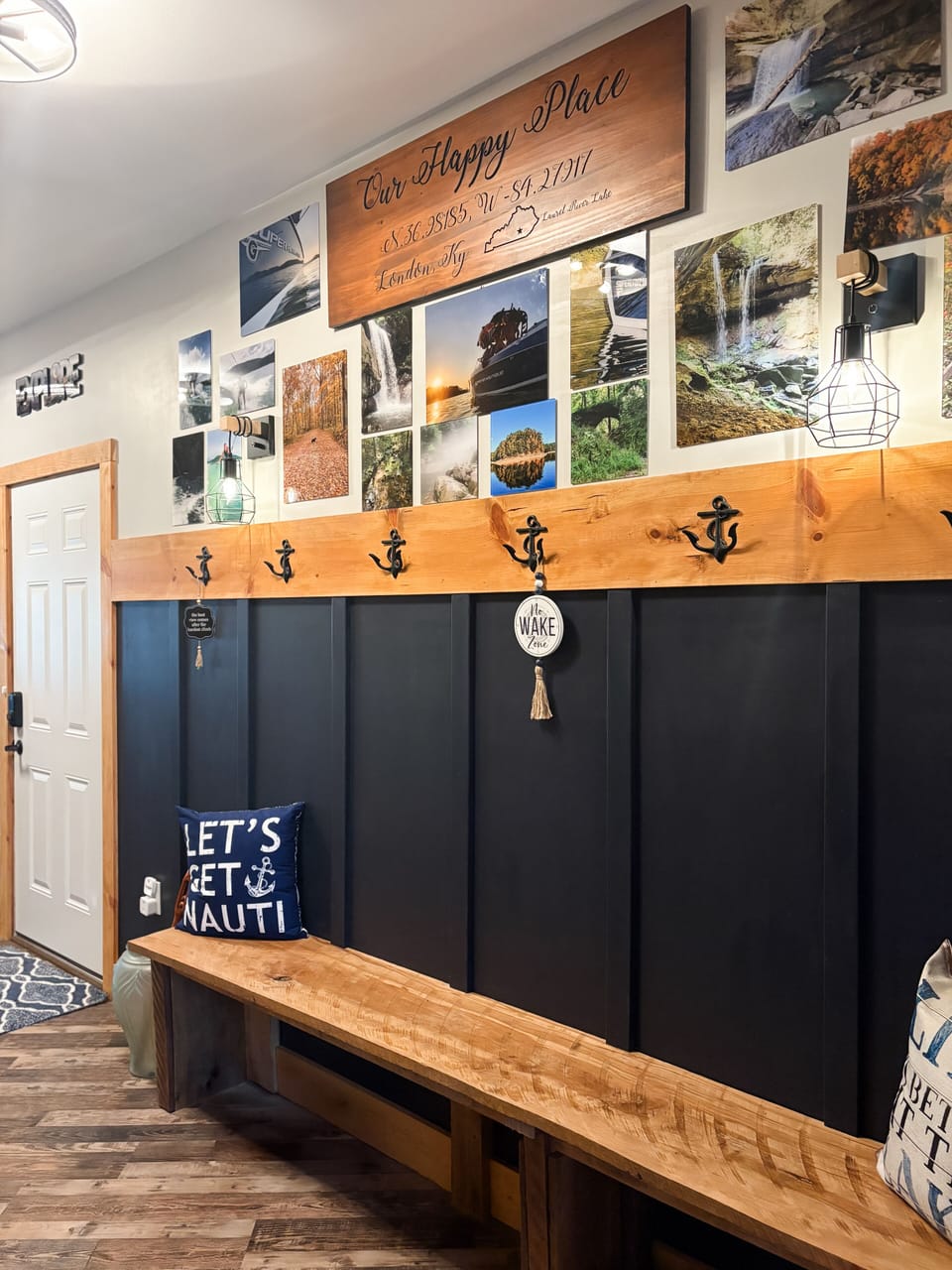 Entry way with bench seating and coat hooks!
