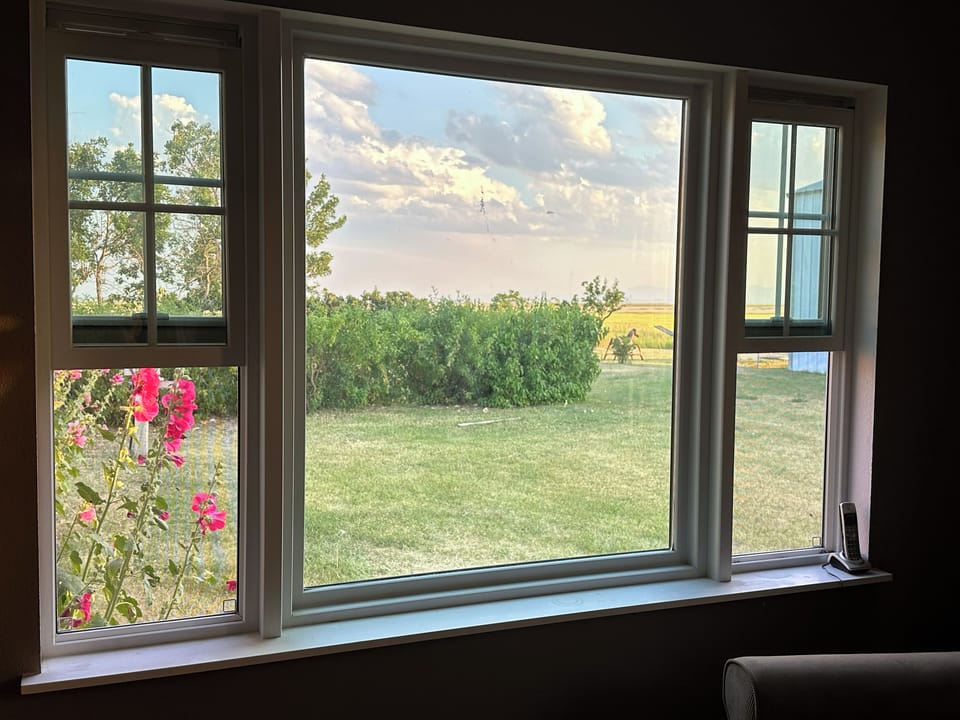 South facing living room window. Property adjacent is agriculture. Mountains