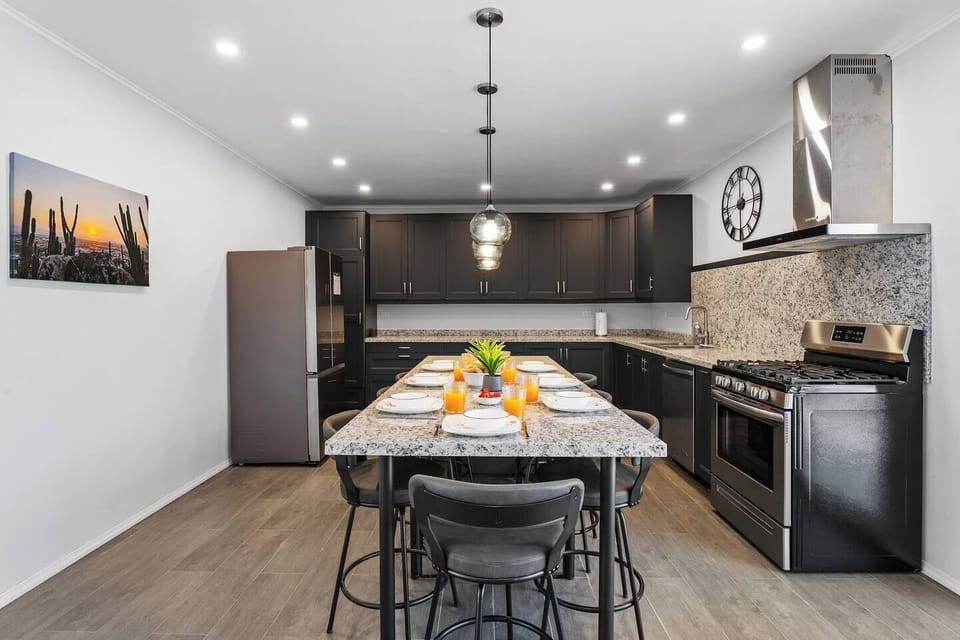 Modern kitchen with a spacious dining area.