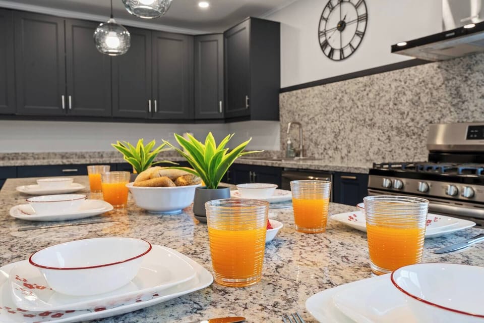 Elegant dining setup with fresh drinks.

