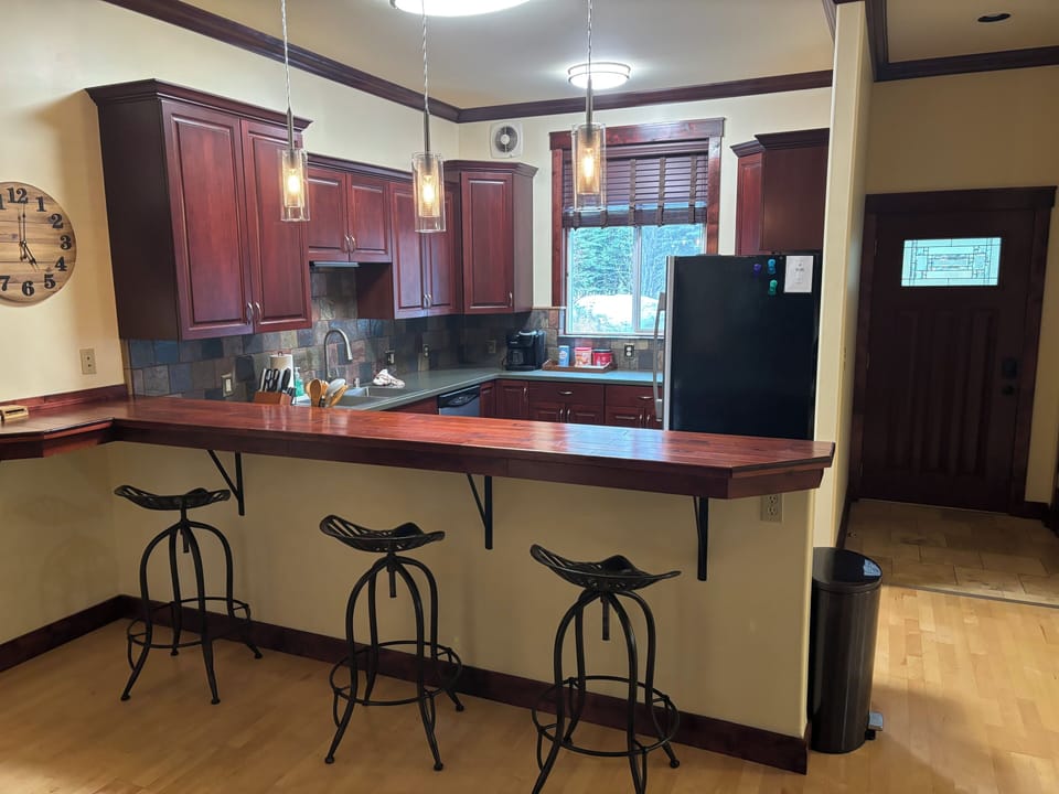 Quality cookware, full sized fridge and gas stove.