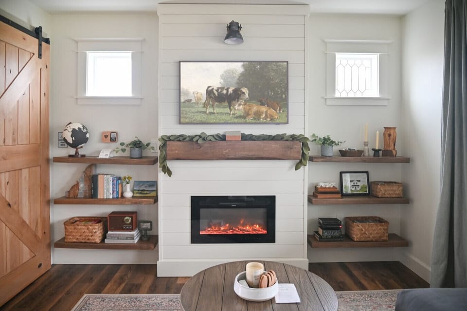 DVD player with DVD collection, electric fireplace, frame/art TV, books, games, bluetooth speaker.