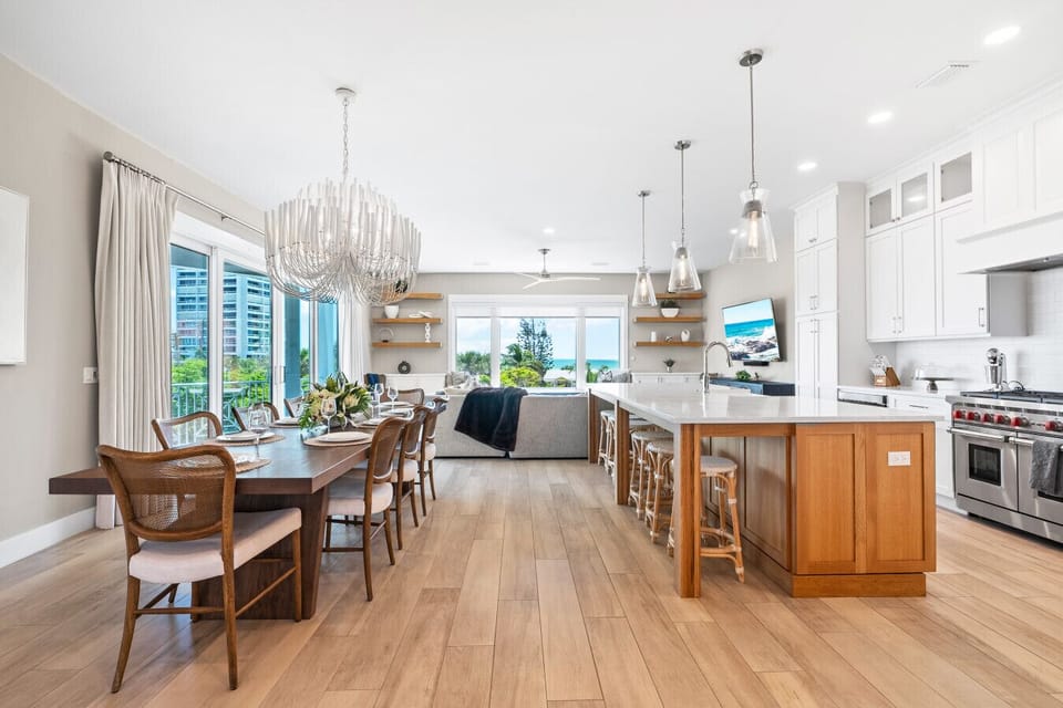Dining table seats 8, breakfast bar seats 6