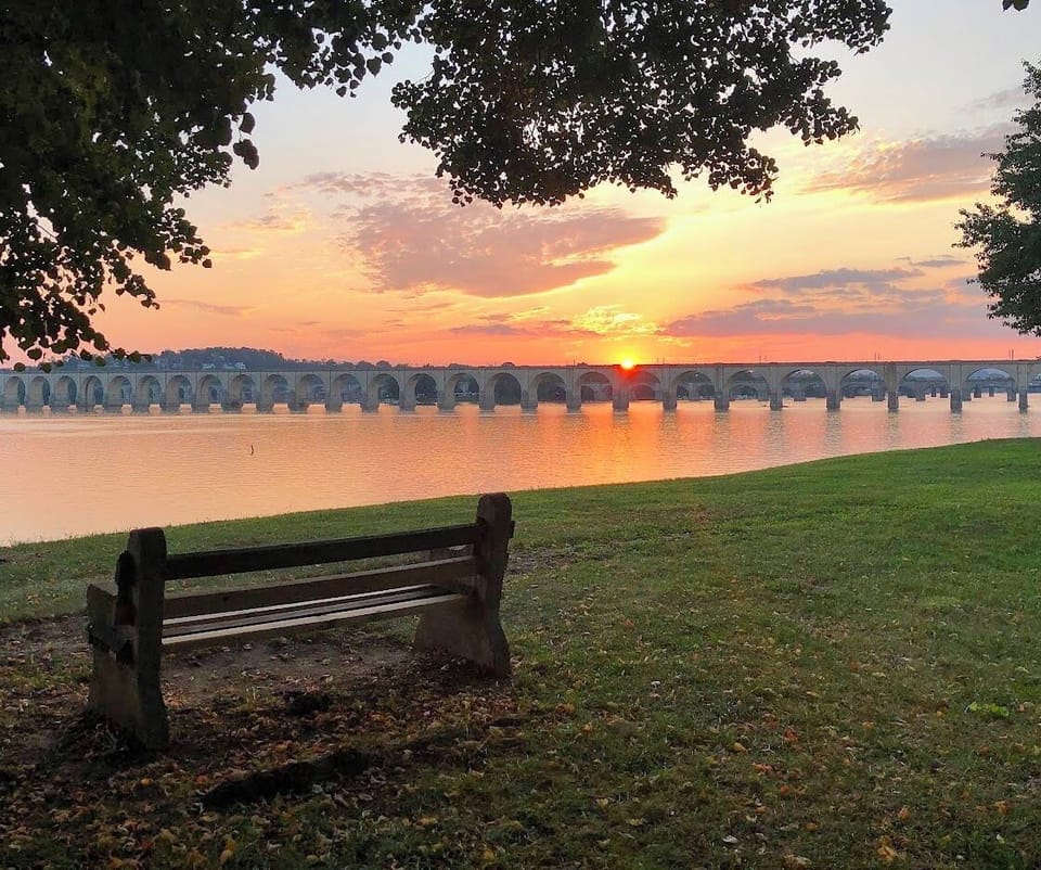 Sun setting behind one of the 7 bridges of Riverfront in Harrisburg, PA