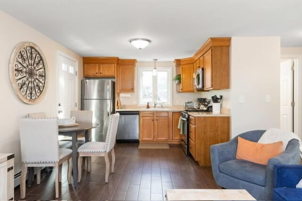 A view of the spacious kitchen from the living room.