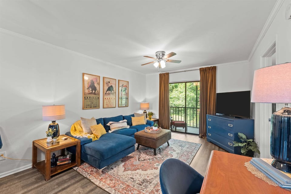 Living room with Smart Tv and blackout curtains 