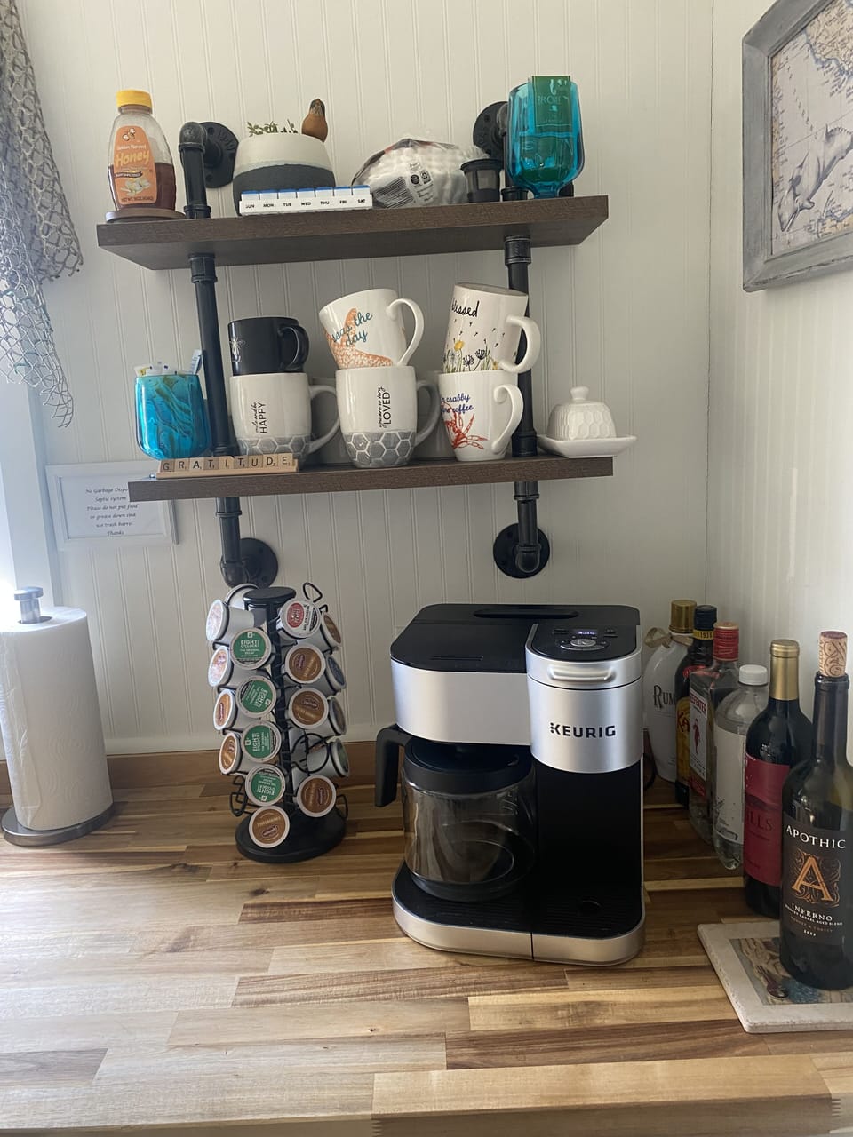 coffee bar-complimentary pods, sugar and substitute, tea, honey and creamer