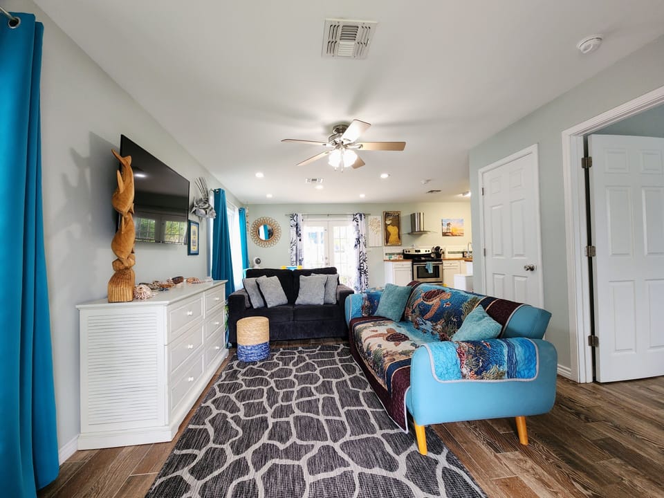 Living room with small pull-out sofa. Recommended for a young adult or child.