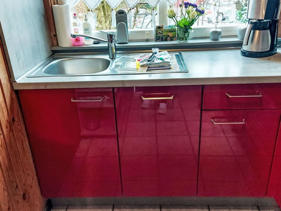 Red, Flooring, Kitchen Appliance, Kitchen, Major Appliance, Kitchen Sink, Countertop, Cabinetry, Wood Stain, Sink