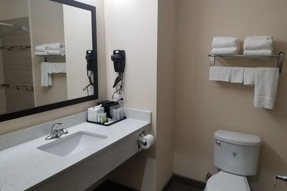 Freshen up comfortably with plush towels and bright vanity lighting.