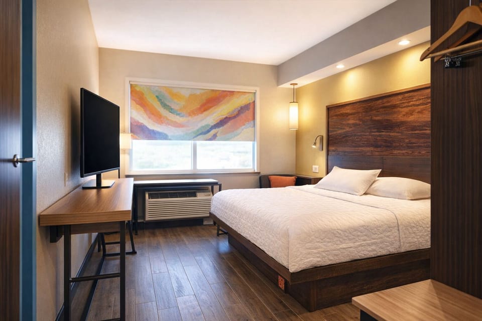Wake up to bright natural light in a sleek, airy room.