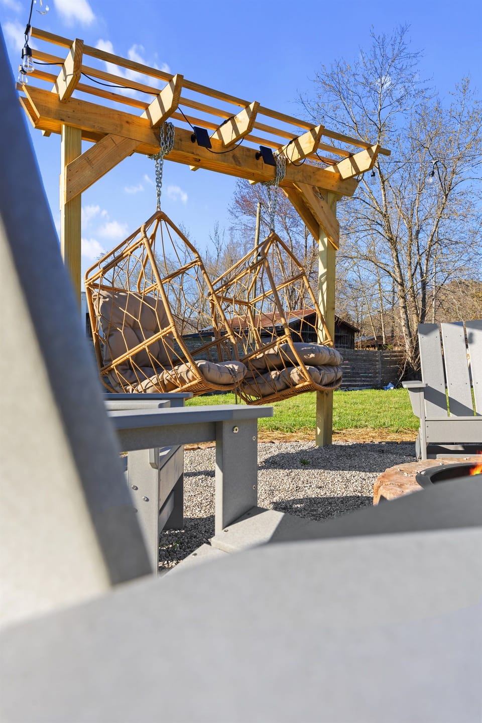 Relax in style with our unique swinging chairs, the perfect spot to enjoy a peaceful moment outdoors.