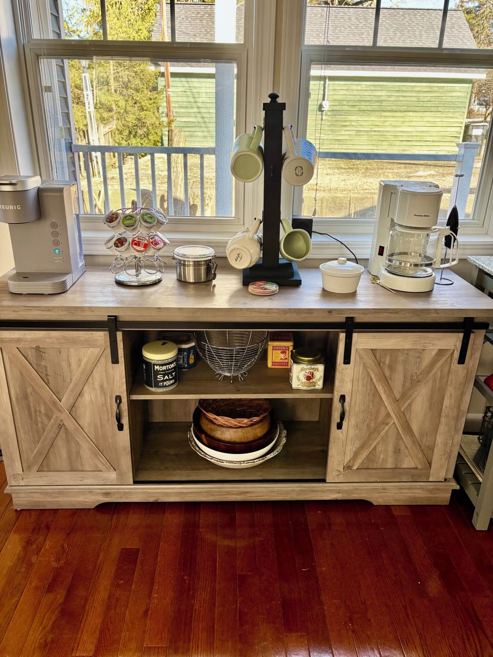 Coffee/Tea Bar w cream, sugar & honey. French press and tea kettle