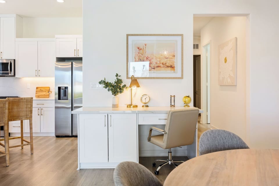 A lovely built-in desk is available for you to complete remote work!