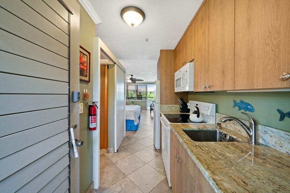 Clean, welcoming entry corridor leading directly into the studio's spacious kitchen area