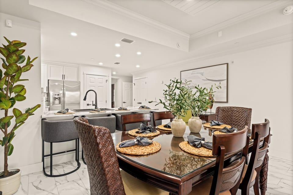 Dining area with lots of space for meals, family game nights, or working.