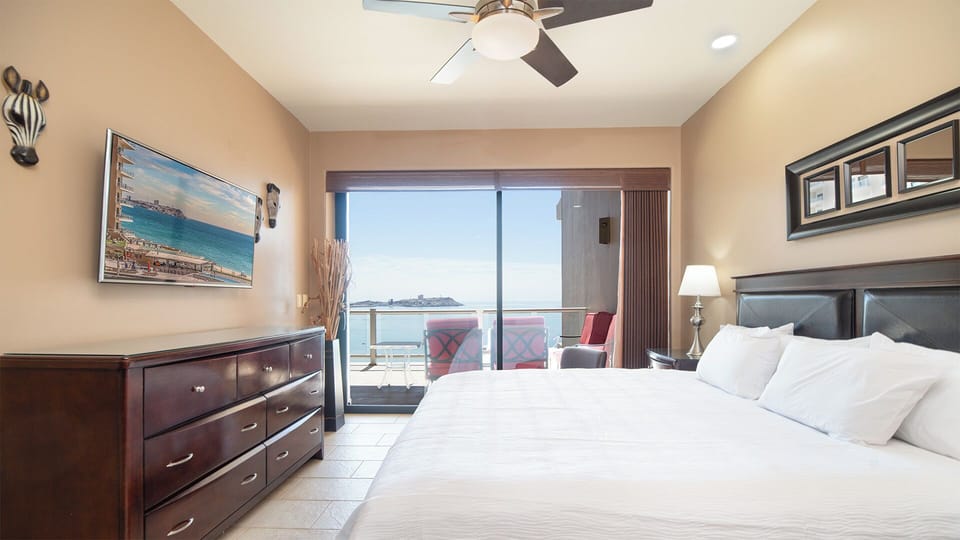 master bedroom with sliding glass doors, tv, king bed, and dresser, and closet