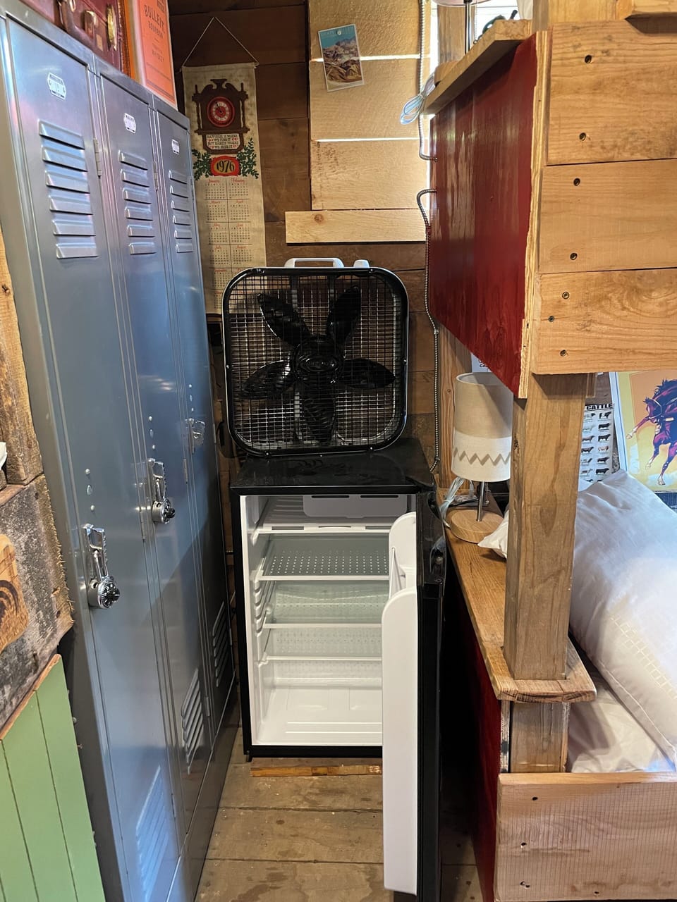 A fridge and fan is provided in the bunkhouse