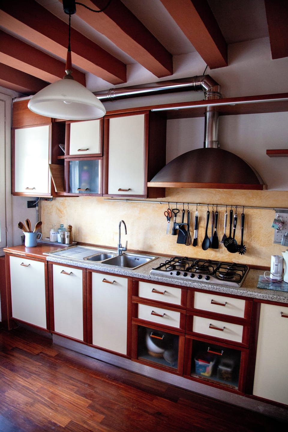 open plan kitchen and dining room with large fridge and large freezer