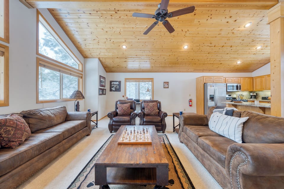 Warm wooden tones, plush seating.