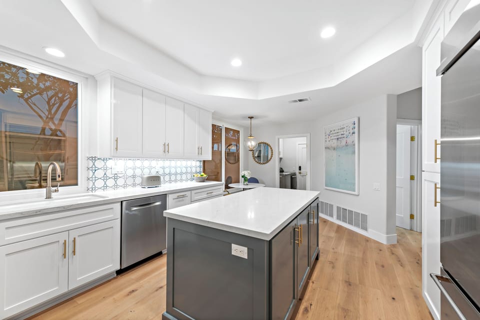 Gourmet kitchen with island seating.
