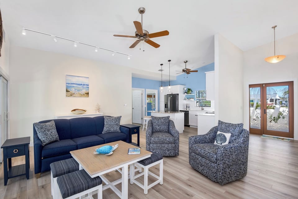 Plenty of seating options with open concept views kitchen.