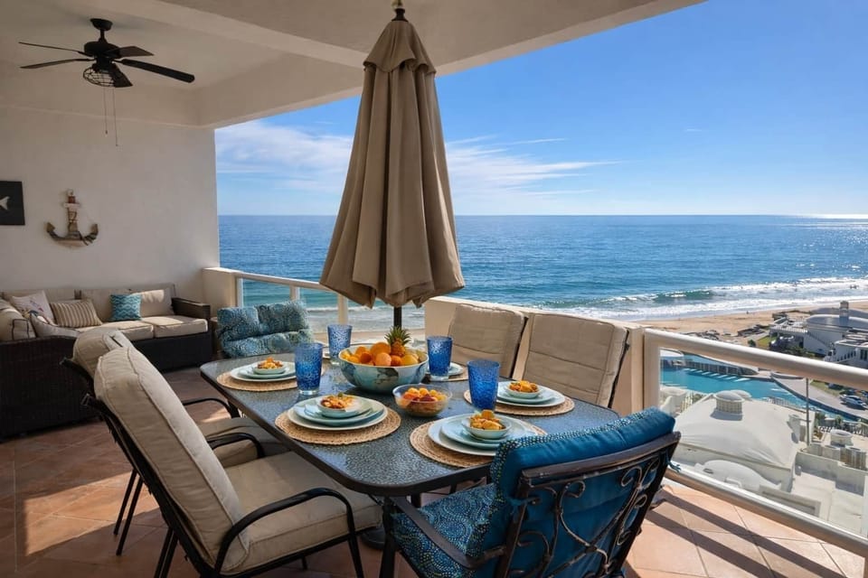 Balcony dining with ocean view