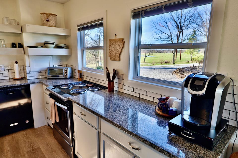 Fully stocked kitchen with Keurig and coffee mate brewer