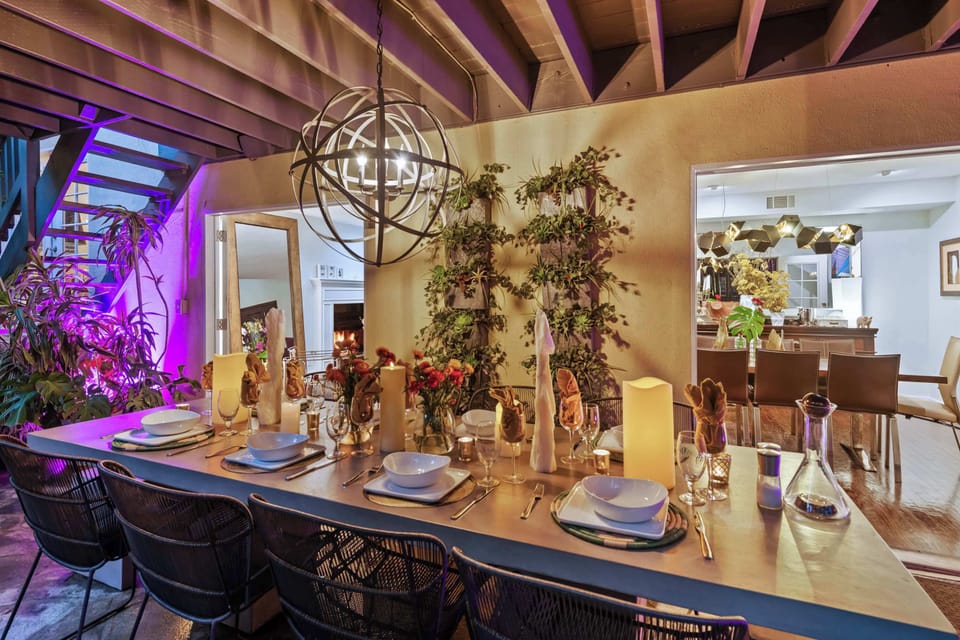 The outdoor dining area set up for a beautiful dinner shared with friends or family.