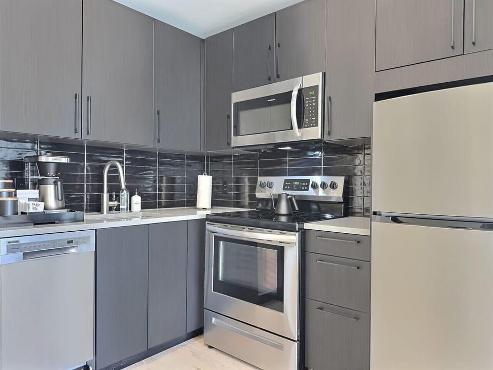 Fully equipped modern kitchen featuring stainless appliances in a furnished apartment.