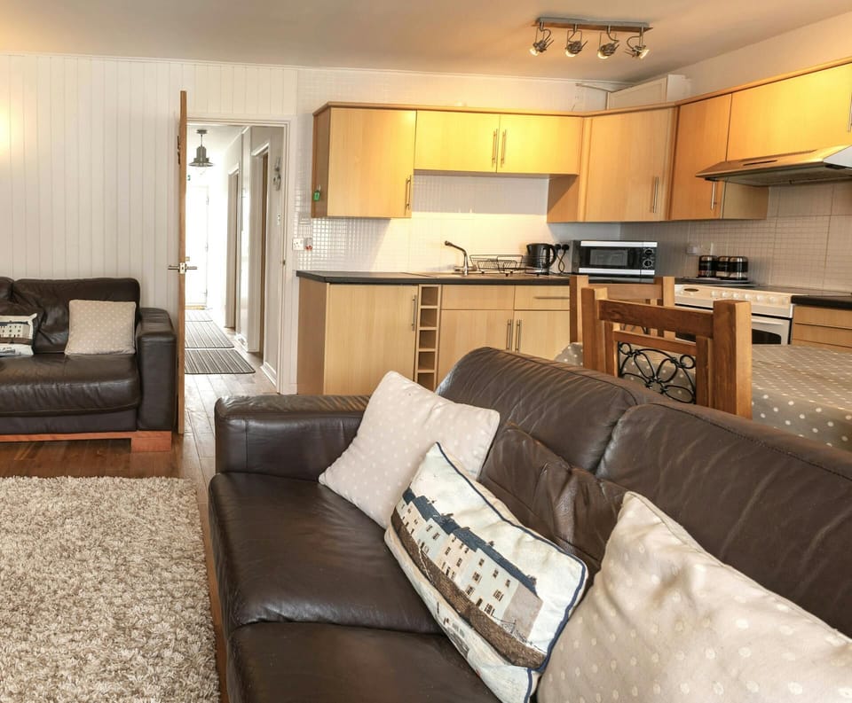 Living area with sofas and view of dining area and kitchen with cooker, microwave, kettle