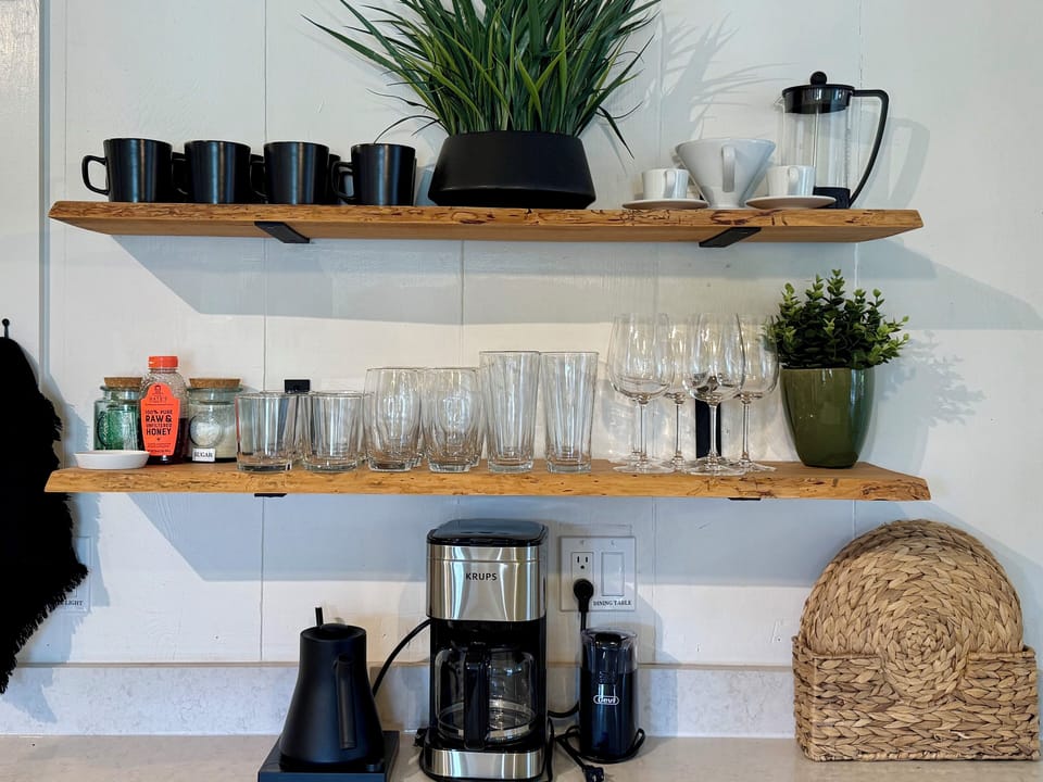 We stock tea & Starbucks coffee, which you can brew, pour-over, or French press