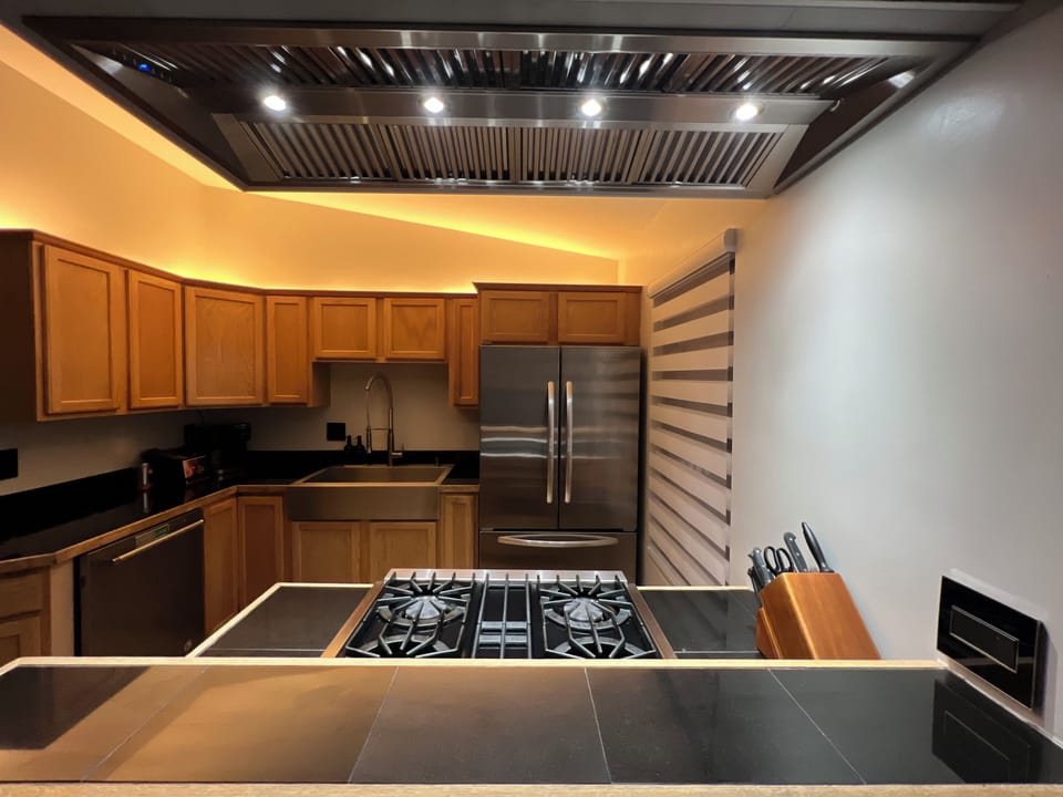 Viking range, Kitchenaid fridge and dishwasher, Kohler deep basin apron sink.