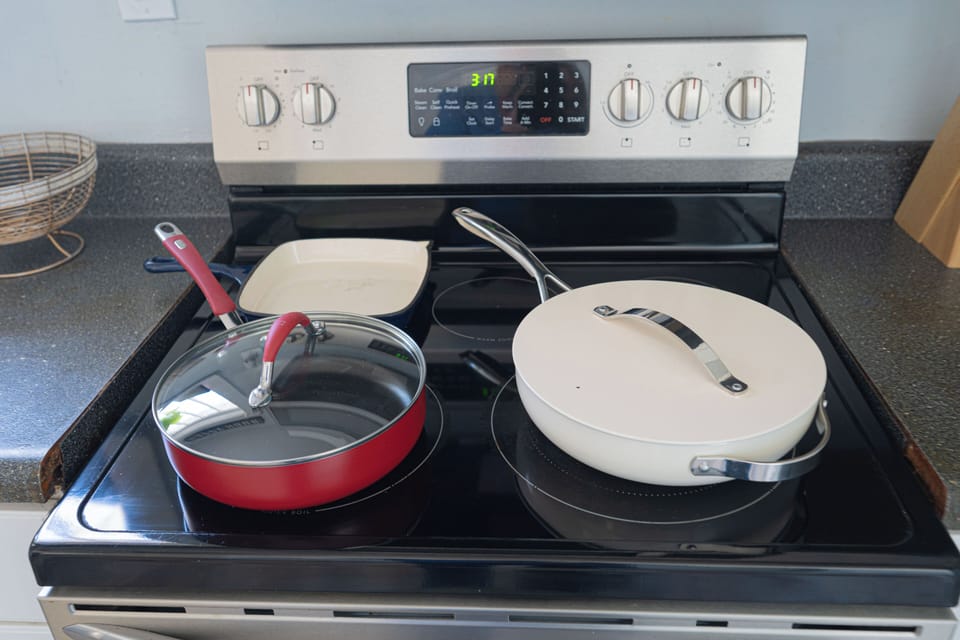 Stocked with clean pots and pans 