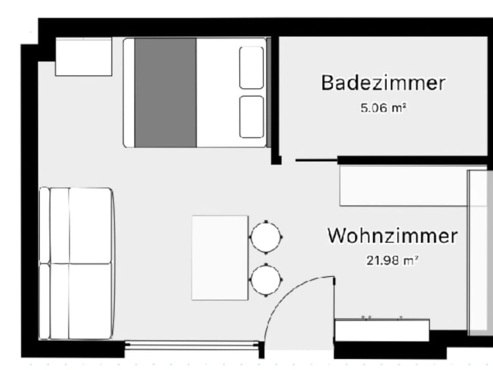 Kompakt und stilvoll: Der Grundriss zeigt die durchdachte Raumaufteilung mit offenem Wohnbereich, gemütlicher Schlafnische und modernem Bad. Perfekt für entspanntes Wohnen mit maximaler Funktionalität und Ästhetik.