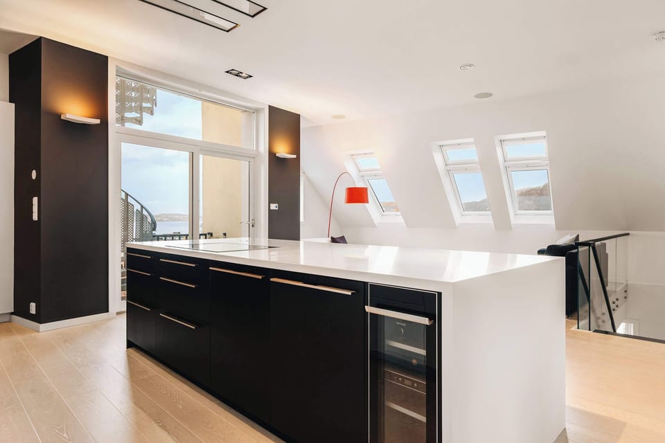 A contemporary kitchen island, perfect for entertaining.