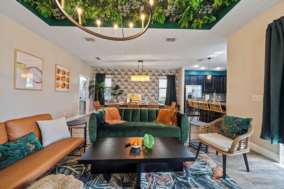 Jungle oasis living room with plush couch